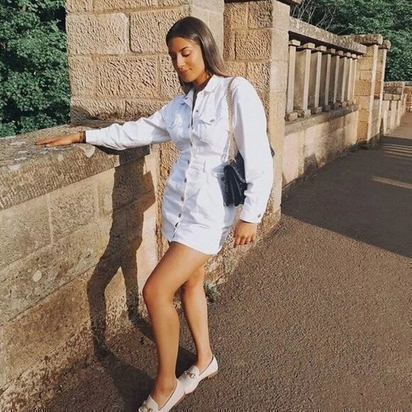 Zara Womens White Denim Shirt Dress With Button Front & Adjustable Waist - Size - Picture 2 of 10